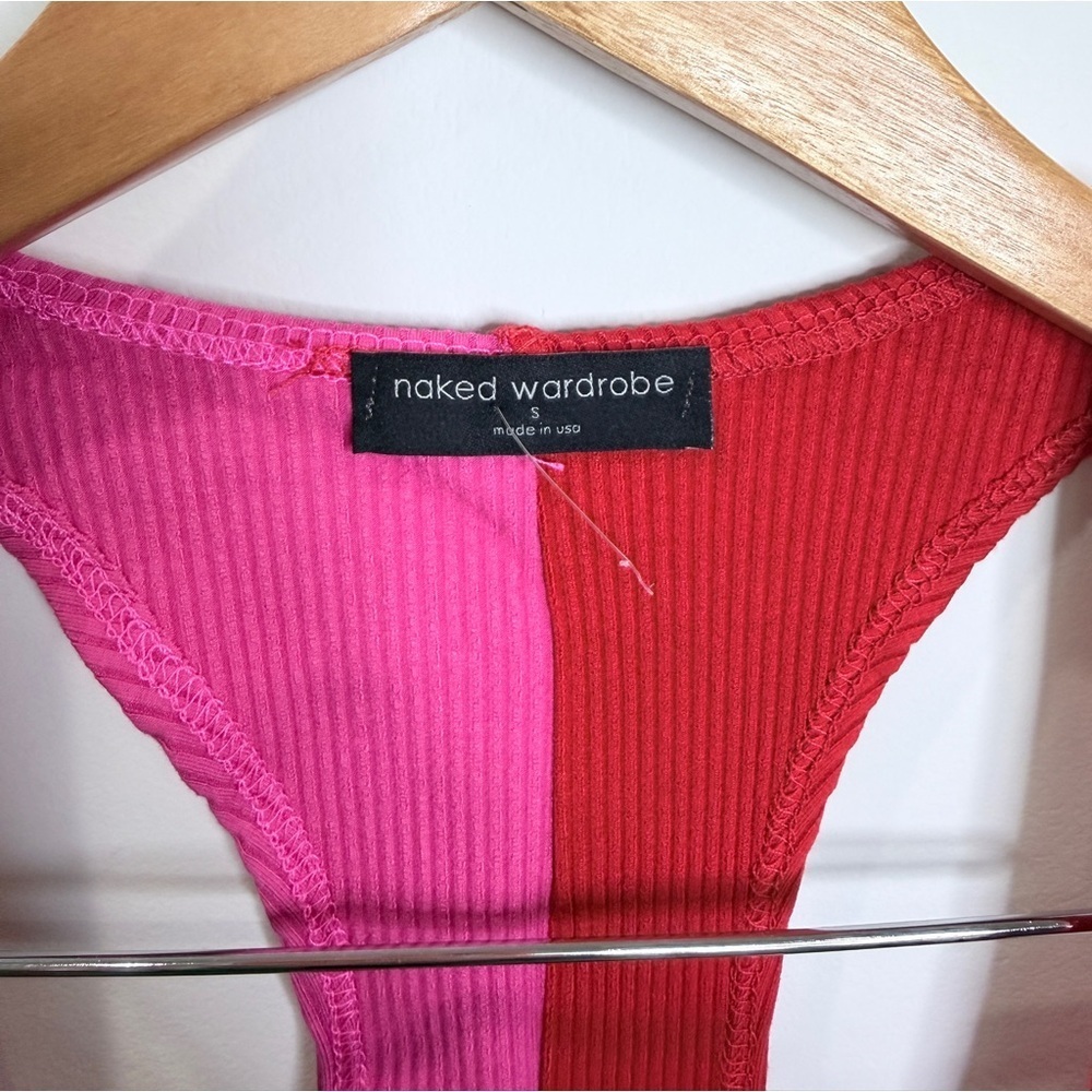 Naked Wardrobe Rib Pink & Red Colorblock Racerback Midi Dress - Picture 6 of 7